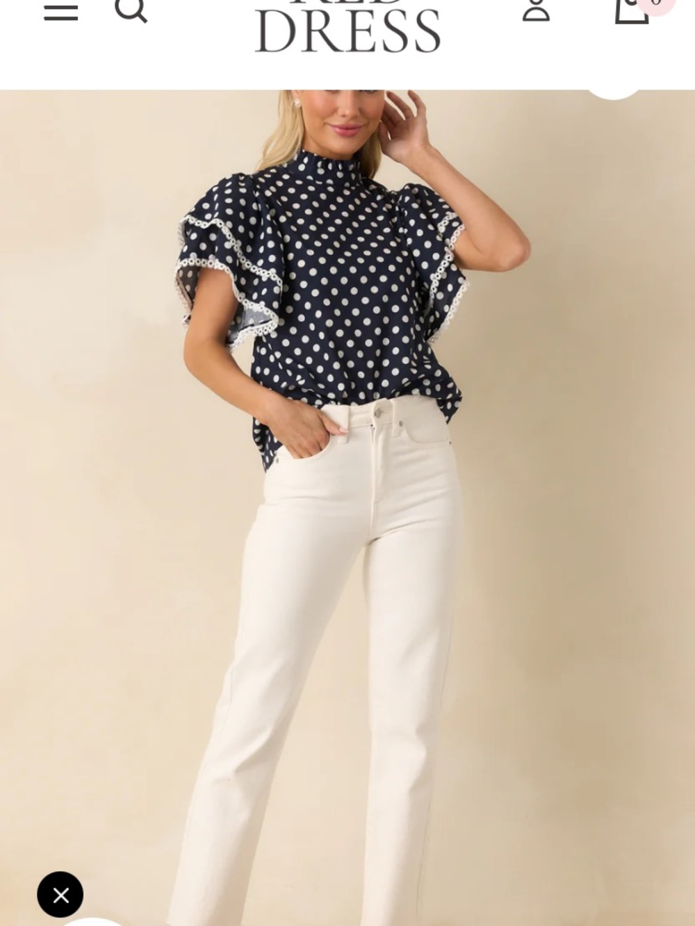 Prosperina - “Blair”  Navy Polka Dot Flutter Sleeve Blouse- NWT